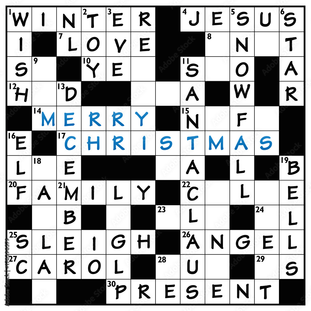 Christmas crossword cloud puzzle with typical words like winter, sleigh