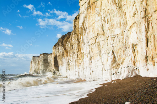 Chalk cliffs near Tide Mills between Seaford and Newhaven  East Sussex  Enlgand in a high tide  selective focus