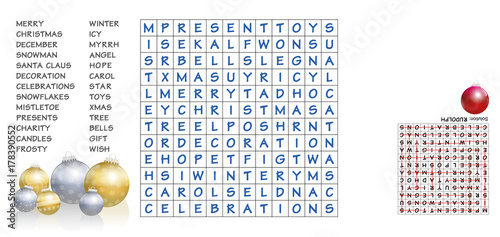 Christmas crossword - find the listed words in the puzzle and cross them out. The eight leftover letters will spell out an important character around christmas - the solution is depicted upside down. photo