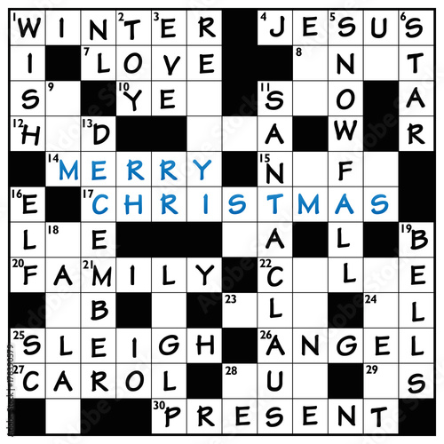 Christmas crossword cloud puzzle with typical words like winter, sleigh, angel, snowfall, Santa Claus, december, bell, toy, present, wish, Jesus, love and MERRY CHRISTMAS in the middle.