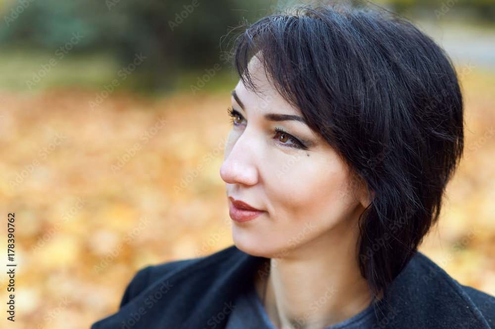 girl face closeup, yellow leaves on background, autumn city park, fall season girl face closeup, yellow leaves on background, autumn city park, fall season