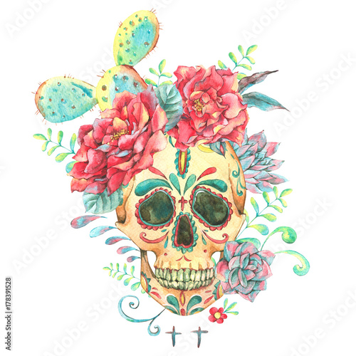 Watercolor card with skull and roses