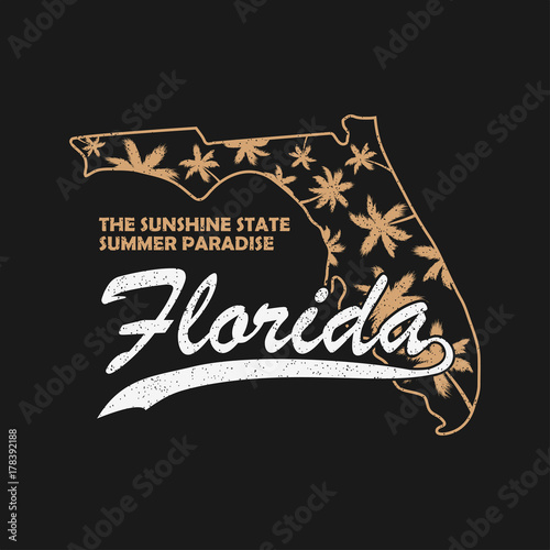 Florida state typography graphics for t-shirt, clothes. Grunge print for apparel with palm trees and map. Vector illustration.