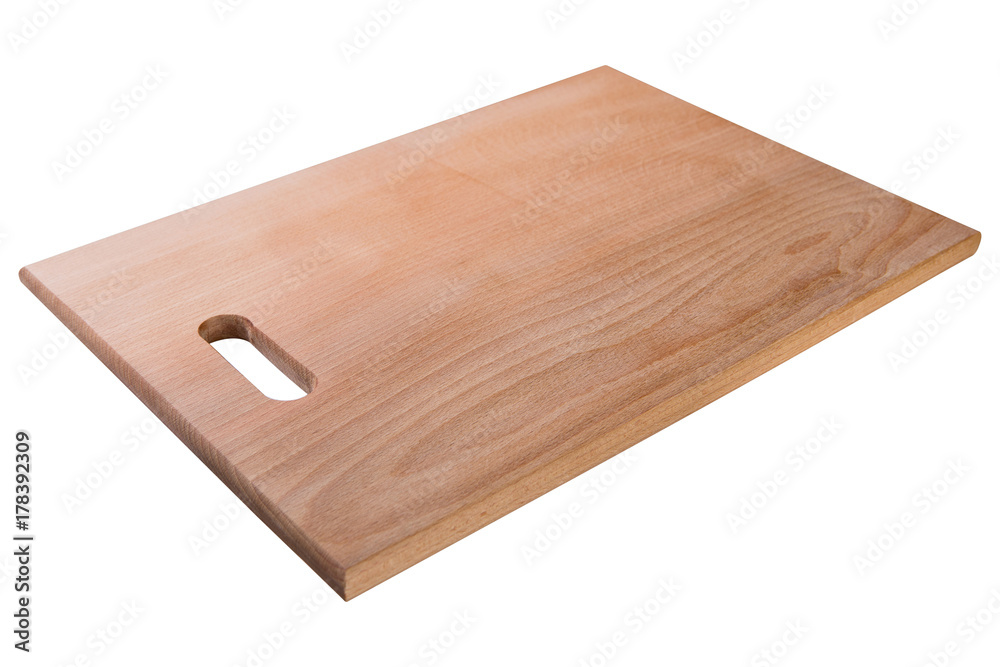 rectangular wooden cutting board on a white background