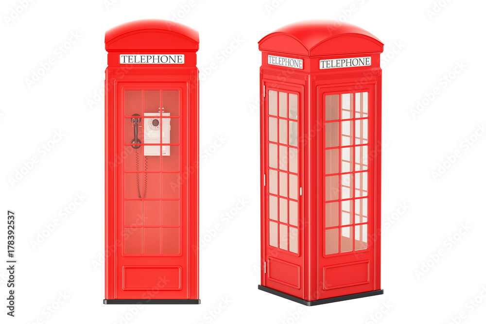 Red telephone boxes, front and side view, 3D rendering Red telephone boxes, front and side view, 3D rendering