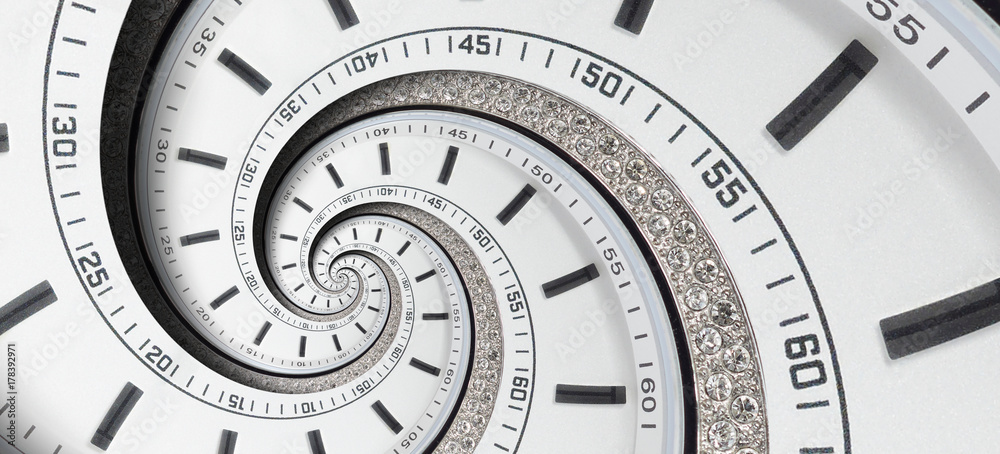 Modern diamond white clock watch twisted to surreal spiral. Abstract spiral fractal clock. Watch clock unusual abstract texture pattern background. Stylish abstract fractal spiral clock time spiral Modern diamond white clock watch twisted to surreal spiral. Abstract spiral fractal clock. Watch clock unusual abstract texture pattern background. Stylish abstract fractal spiral clock time spiral