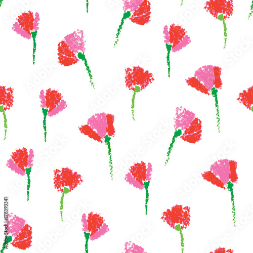 Vector seamless pattern with childlike stylized flowers in red on the white background. Floral pattern in sketch style. Hand drawn element with primitive flower for summer design and simple decor.