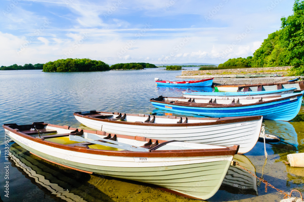 Rowing boats filled with water sit moored up at an Irish lough (lake)