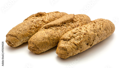 Three bagels of wheat bran bread isolated on white background photo