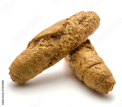 Two bagels of wheat bran bread isolated on white background photo