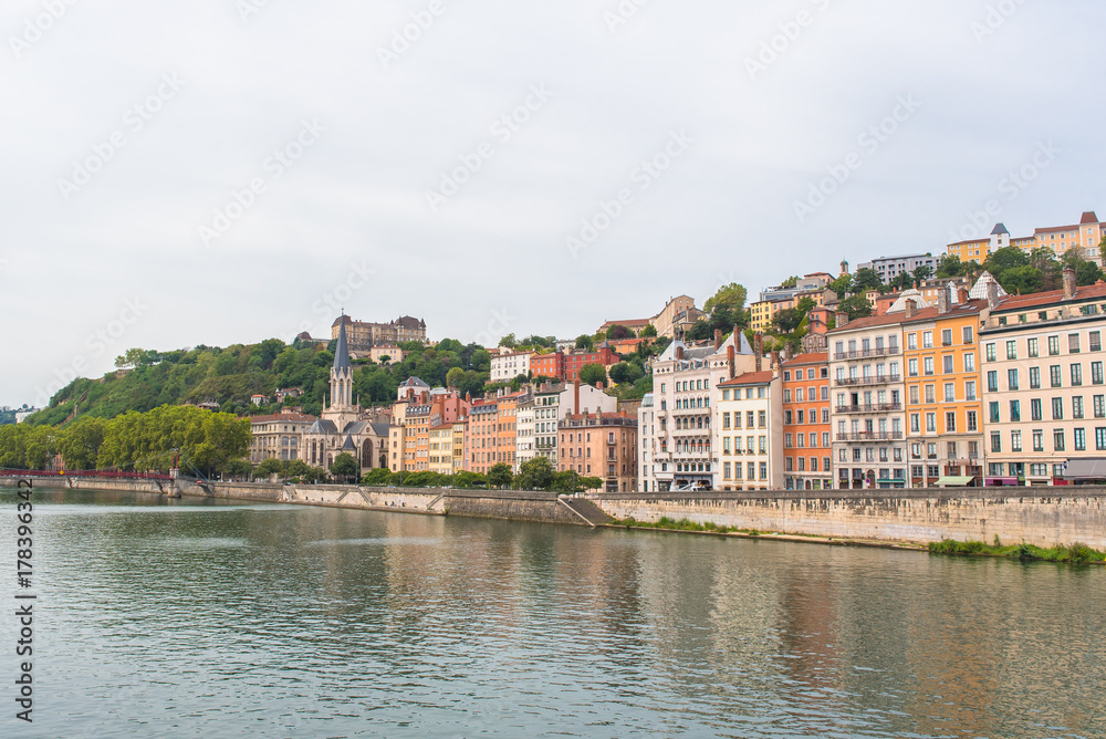 Vieux-Lyon, colorful houses in the center, on the river Saone 
