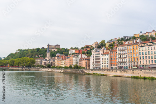 Vieux-Lyon, colorful houses in the center, on the river Saone 