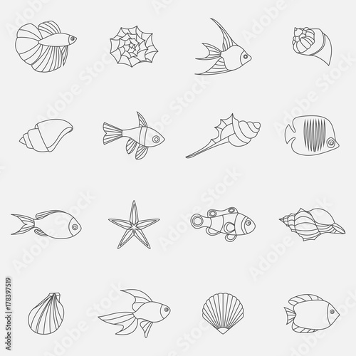 Seahells and fish in vector isolated on white