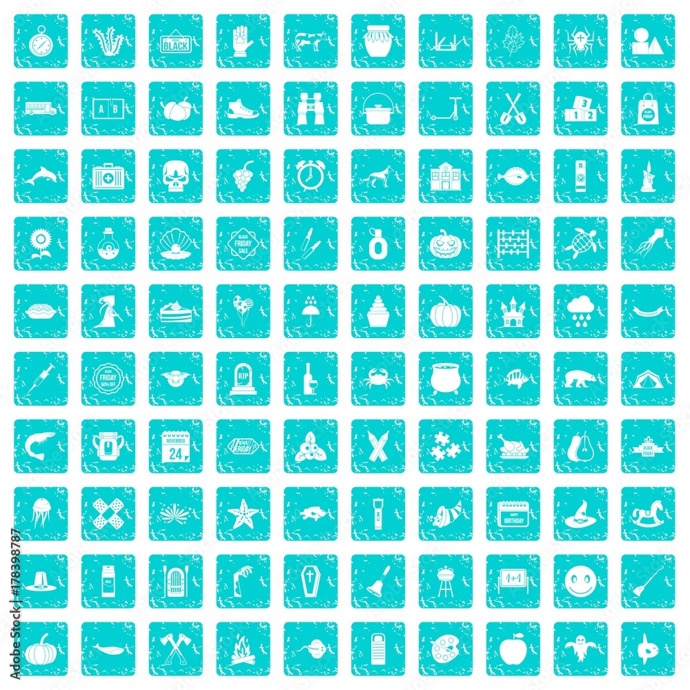100 autumn holidays icons set grunge blue