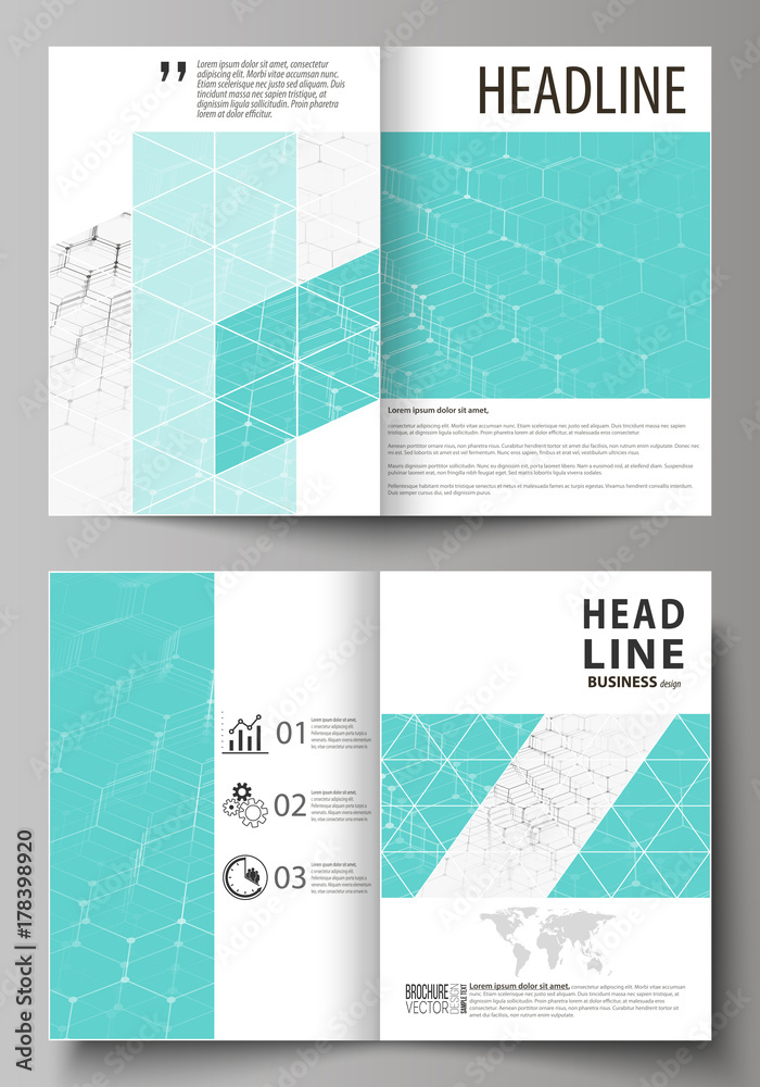 Business templates for bi fold brochure, flyer, booklet, report. Cover design template, vector layout in A4 size. Chemistry pattern, hexagonal molecule structure on blue. Medicine, technology concept.