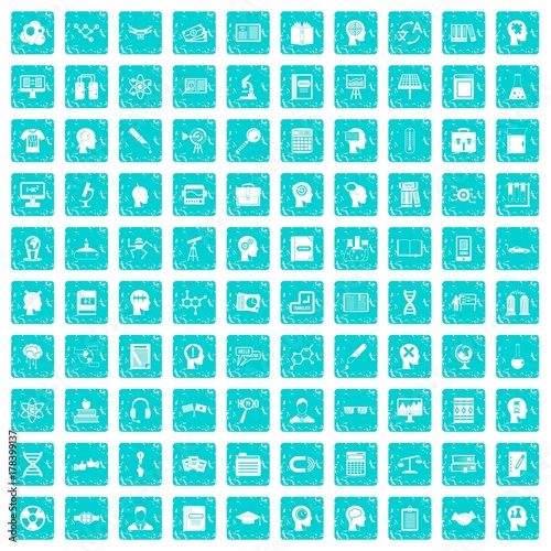 100 knowledge icons set grunge blue