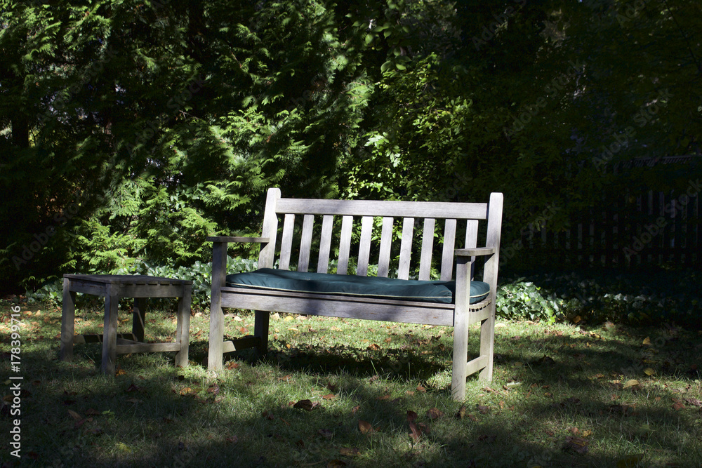 wooden garden bench in back yard