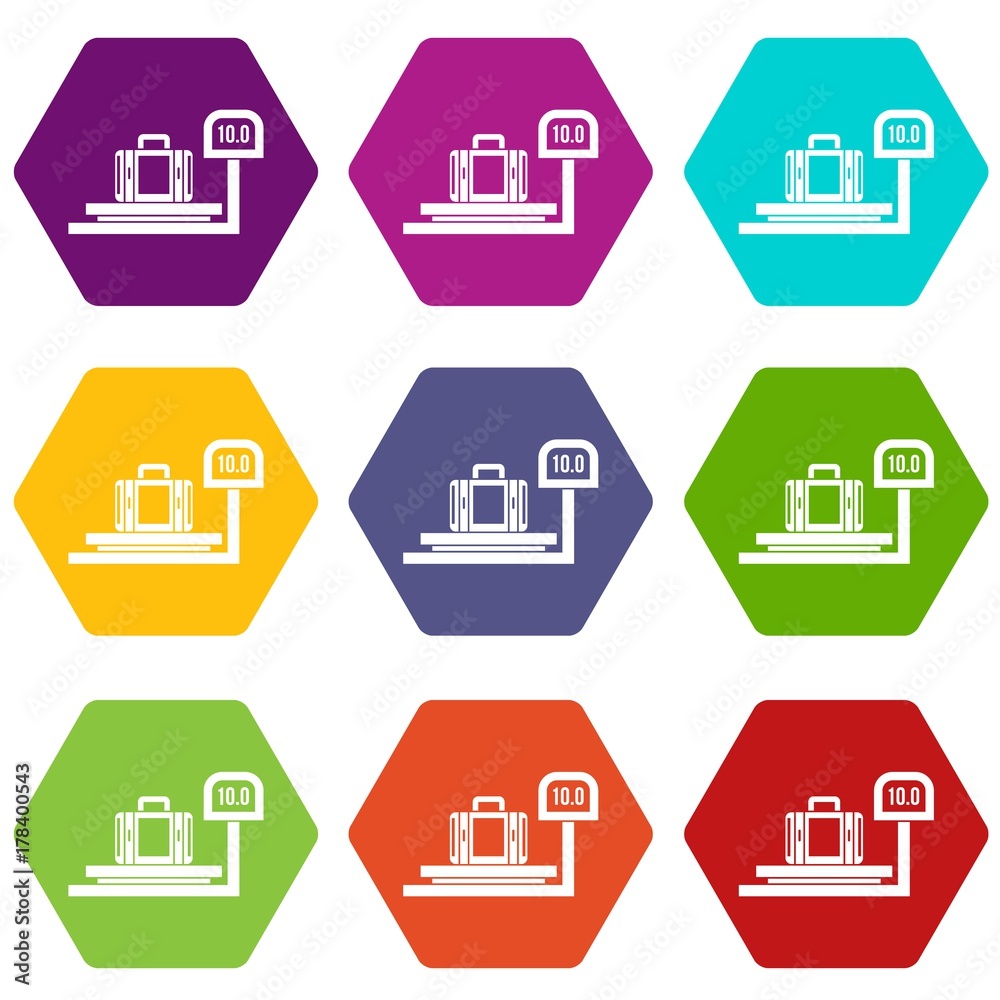 Luggage weighing icon set color hexahedron Luggage weighing icon set color hexahedron