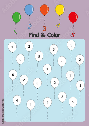 find and color numbers 1-5, math worksheet for kids