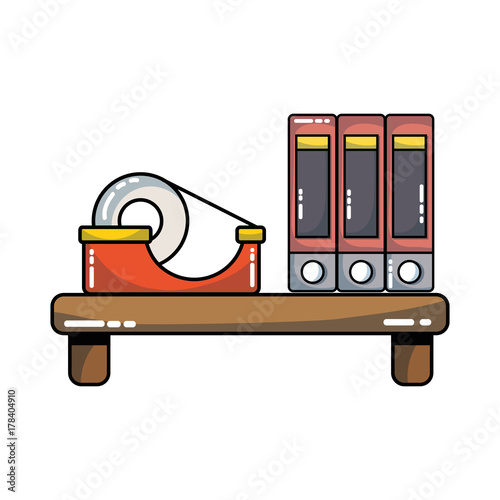 wood shelf with books and adhesive tape
