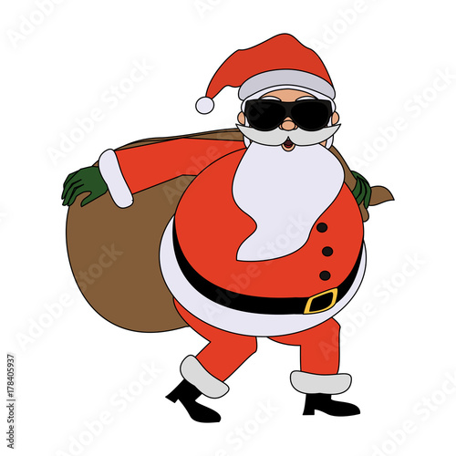 santa claus wearing sunglasses sneaking with gifts cartoon icon image vector illustration design 