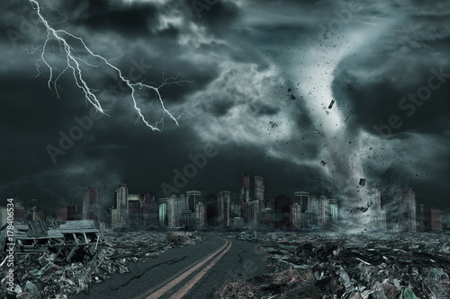 Cinematic Portrayal of City Destroyed by Tornado or Hurricane