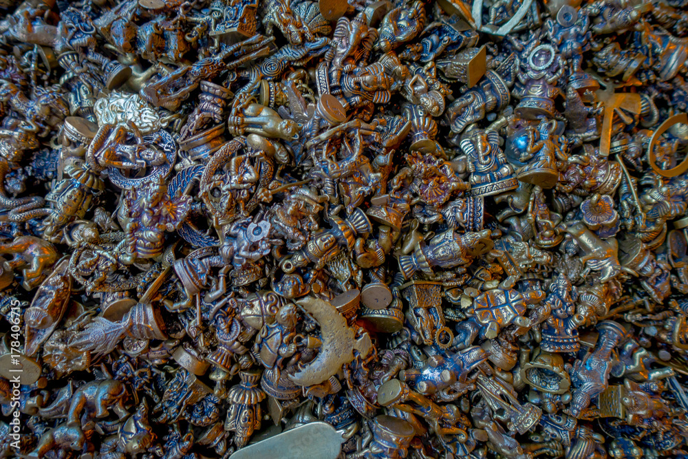 Close up of small bronze crafts of different figures for get luck in Pokhara Close up of small bronze crafts of different figures for get luck in Pokhara
