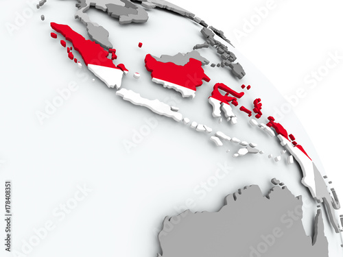 Map of Indonesia with flag on globe