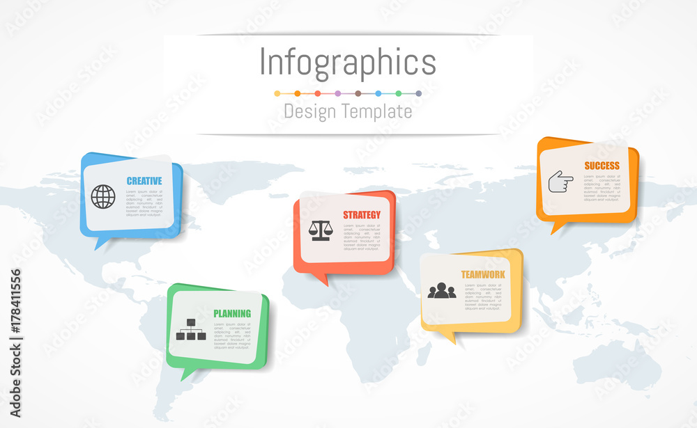 Infographic design for your business data with 5 options, parts, steps, timelines or processes. Communication network concept, Vector Illustration. World map of this image furnished by NASA Infographic design for your business data with 5 options, parts, steps, timelines or processes. Communication network concept, Vector Illustration. World map of this image furnished by NASA