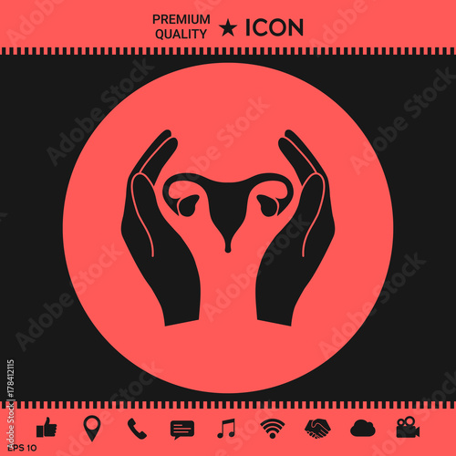 Hands holding Female uterus - protection icon
