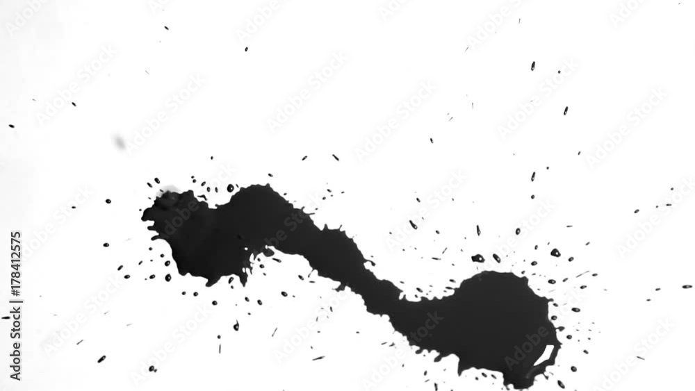 black paint drips on a white background. Slow motion black paint drips on a white background. Slow motion