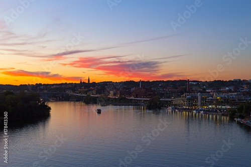 Beautiful sunset over Georgetown waterfront, Washington DC, USA. US capital panorama near Potomac River.