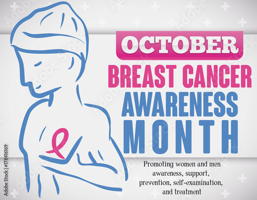 Man Silhouette and Pink Ribbon for Breast Cancer Awareness Month, Vector Illustration
