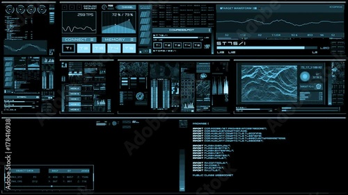 Light blue futuristic interface/Digital screen/Detailed abstract background. Blinking and switching indicators of command center computer,processing data, AI.