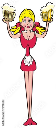 barmaid carries beer, vector icon, funny illustration