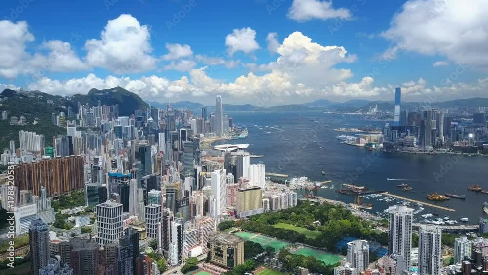 4k aerial video of Victoria Harbour in Hong Kong