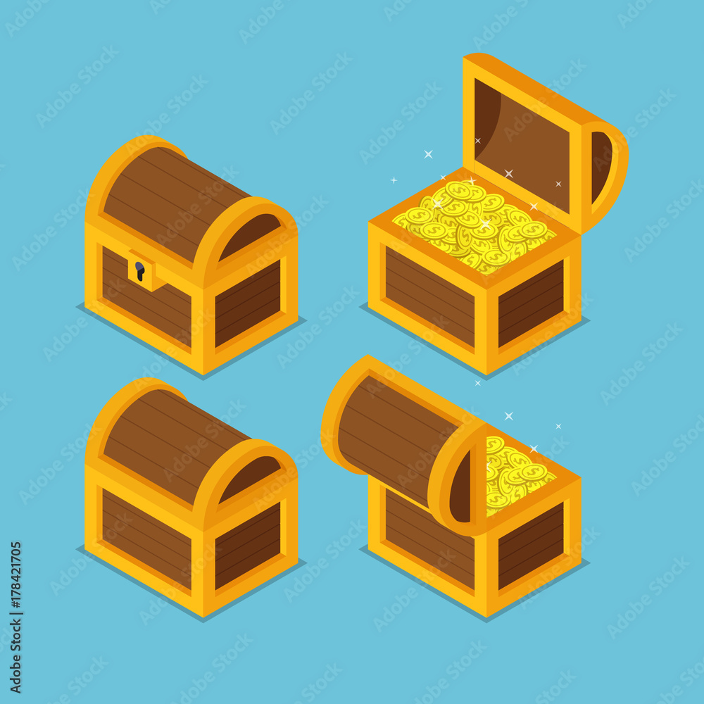Isometric wooden treasure chests. Isometric wooden treasure chests.