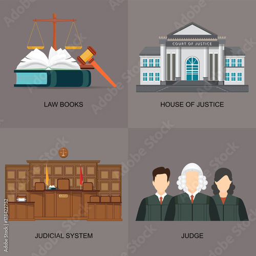 Four square flat law icon set with judicial system.