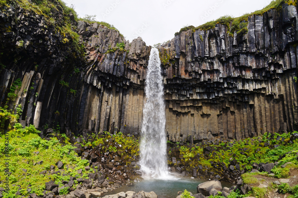 Svartifoss waterfall surrounded by dark lava columns,Iceland