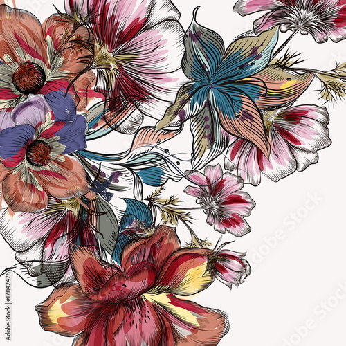 Beautiful background  with colorful hand drawn flowers