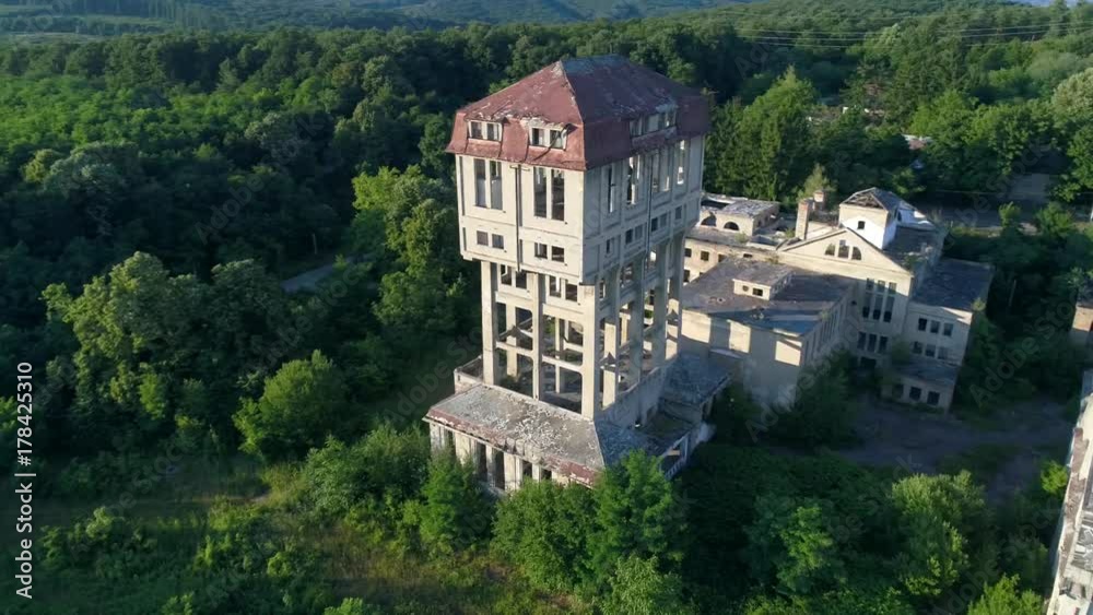 aerial view of abandoned mine tower in hungary aerial view of abandoned mine tower in hungary