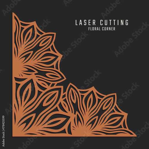 Fototapeta Naklejka Na Ścianę i Meble -  Laser cutting corner. Tapestry panel. Jigsaw die cut ornament. Lacy cutout silhouette stencil. Fretwork floral pattern. Vector template for paper cutting, metal and woodcut.