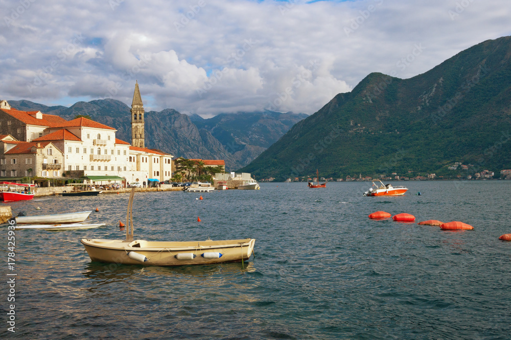 Old town of Perast with the bell tower of the church of St. Nicholas. Bay of Kotor (Adriatic Sea). Montenegro, autumn