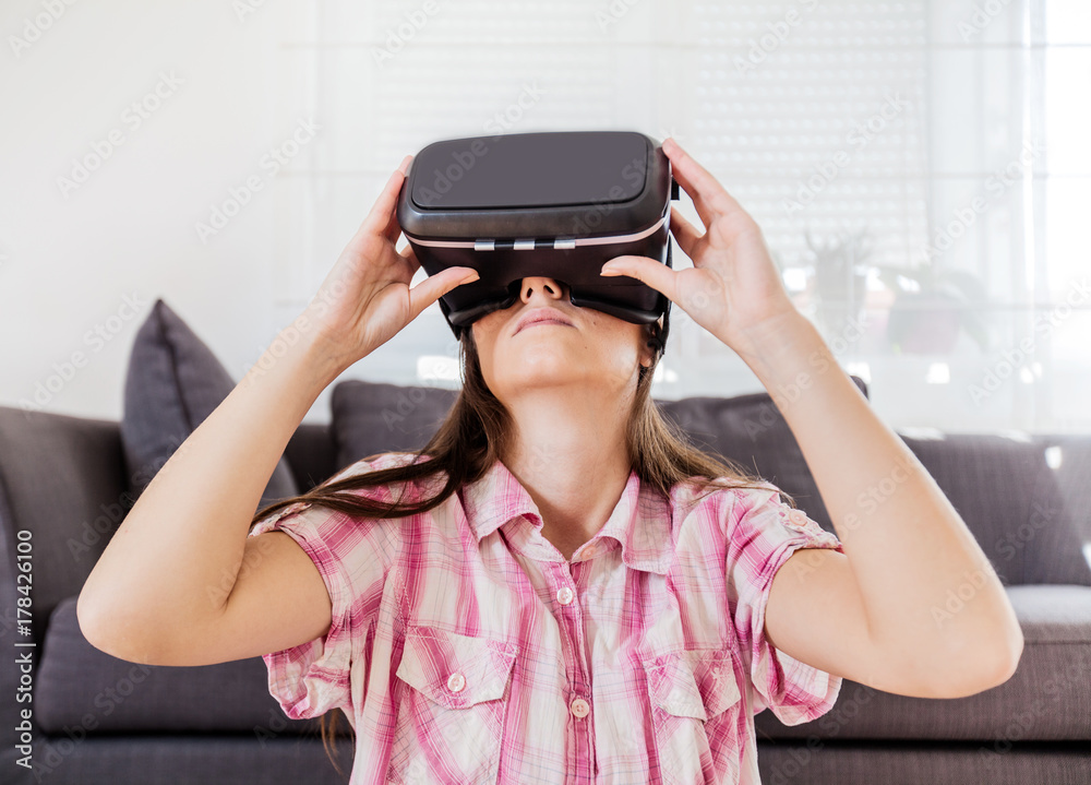 virtual reality glasses woman home virtual reality glasses woman home