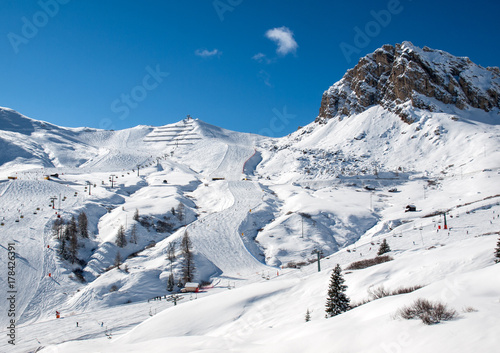 Skiing area in the Dolomites Alps. Overlooking the Sella group  in Val Gardena. Italy © wjarek