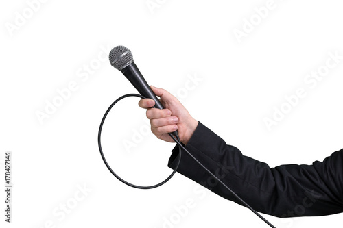 Interviewer or reporter with microphone in hand view from one side, mic