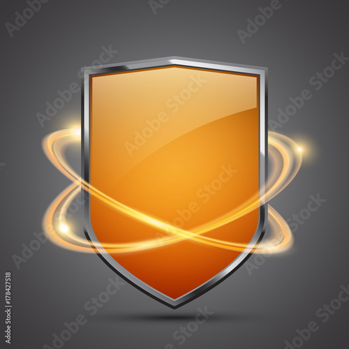 Abstract yellow shield with glowing effect, vector design