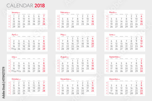 Calendar 2018 with weeks template. Starts on monday