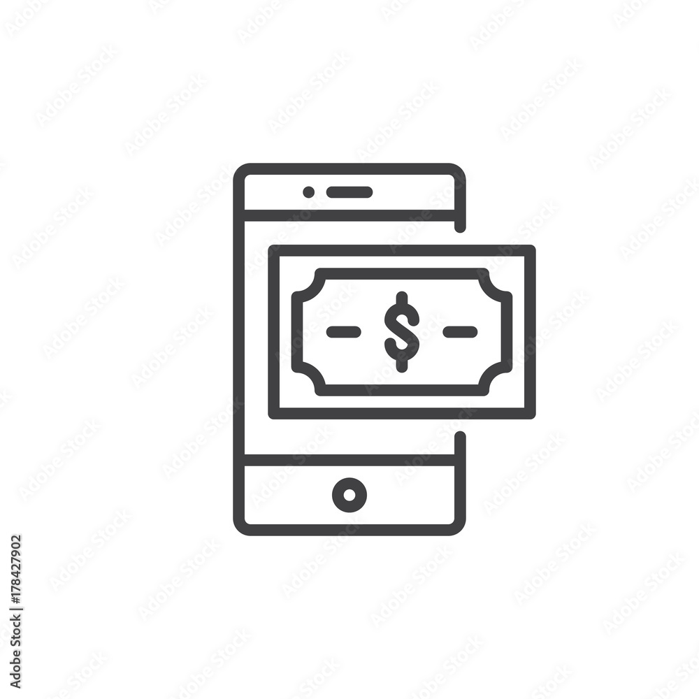 Smartphone device with dollar money line icon, outline vector sign, linear style pictogram isolated on white. Mobile payment symbol, logo illustration. Editable stroke Smartphone device with dollar money line icon, outline vector sign, linear style pictogram isolated on white. Mobile payment symbol, logo illustration. Editable stroke
