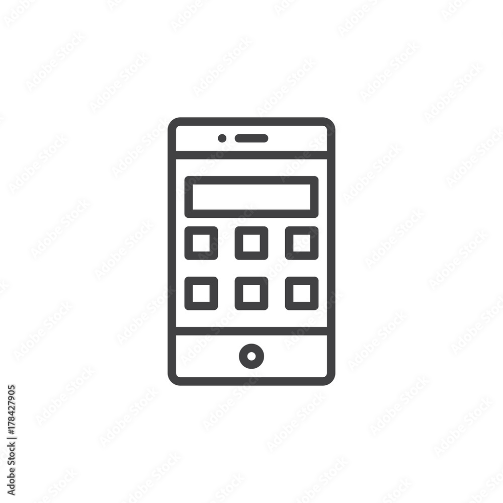 Smartphone with calculator line icon, outline vector sign, linear style pictogram isolated on white. Symbol, logo illustration. Editable stroke Smartphone with calculator line icon, outline vector sign, linear style pictogram isolated on white. Symbol, logo illustration. Editable stroke